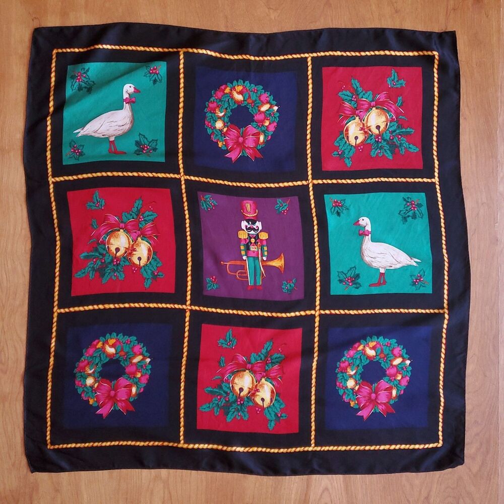 TALBOTS Silk Christmas Scarf 25.5" Square Holiday Wreath Rolled Edges Black